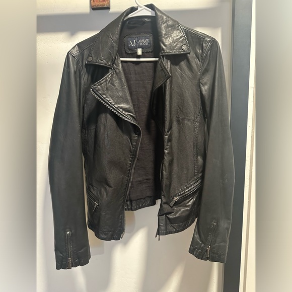 Armani Jeans Black Leather Motorcycle Jacket, Women's Size 6 - Picture 3 of 16
